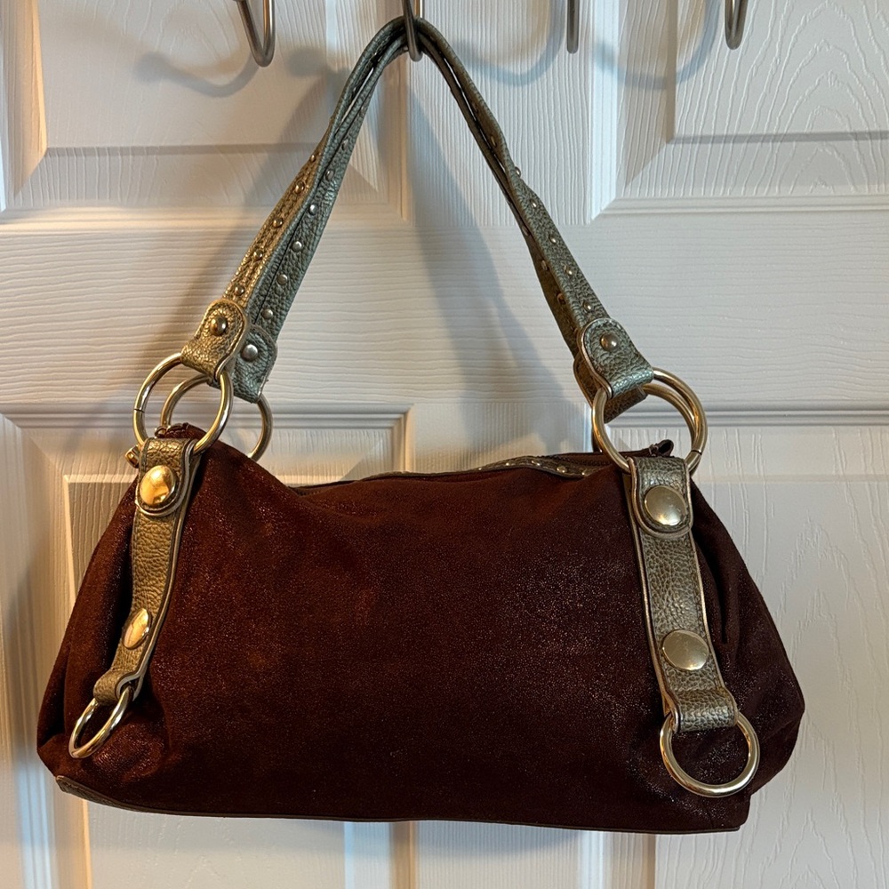 Brown Sparkle Suede Handbag with Gold Accents Charm Keychain Kathy Van Zeeland - Picture 7 of 16